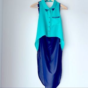 Mint Green and Blue Sleeveless Blouse with draping back